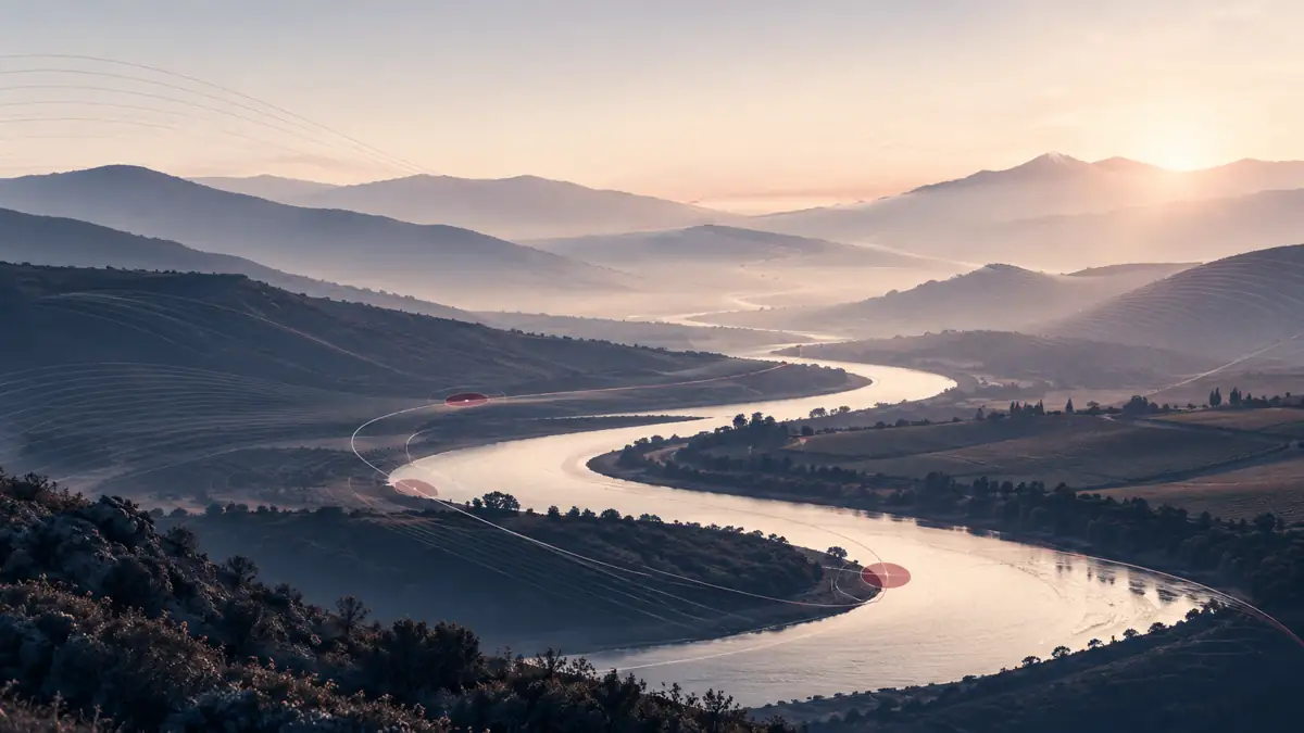 Valle y río serpenteante como metáfora visual de un proceso que avanza y se adapta al entorno